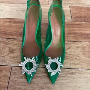 Amina Muaddi Green Heels with Crystal Detail